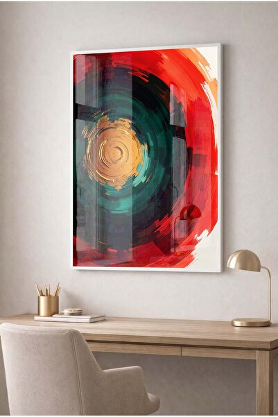 Zevahir Mobilya Dekorasyon Abstract Glass Painting with Gold Center - White M...