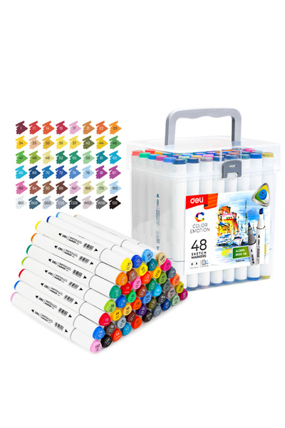 Deli SET OF 48 SKETCHING MARKERS WITH DOUBLE TIP: ROUND 1MM / CHISEL 7MM, PLA...