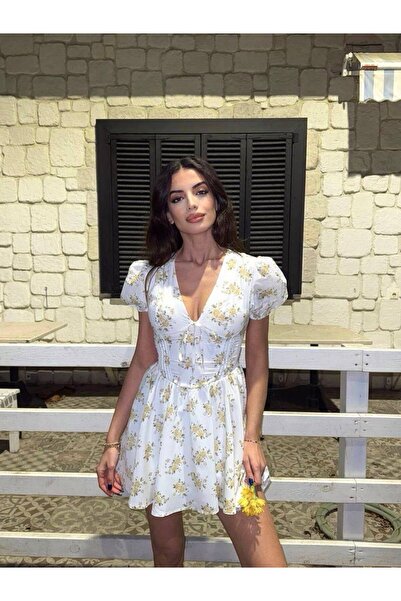 inmuse White Mini Dress with Yellow Flowers