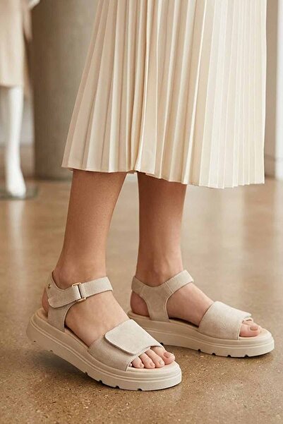 İnci Women's Genuine Suede Beige Sandals - Comfortable Sole and Velcro Daily ...