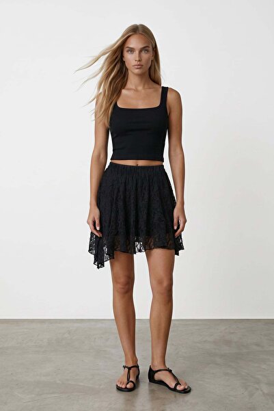 Trend Alaçatı Stili Black Lined Lace Skirt Alc-X15491