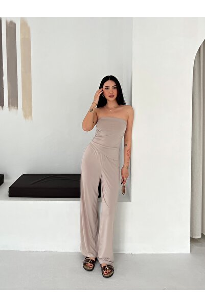 FEWTİNT Suit-Asymmetric Cutout Slit Detail, Gathered, Strapless Neckline Ball...