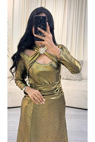 SELSAL فستان سهرة لامع مزين ببروش - ذهبي - XL-4