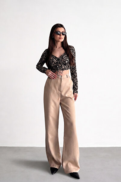 Jaglion Pantaloni Palazzo pentru femei, cu talie înaltă, New Season, Stone