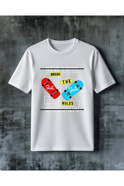 COMVİCHO تي شيرت كبير الحجم مطبوع عليه "break the rules skateboard"