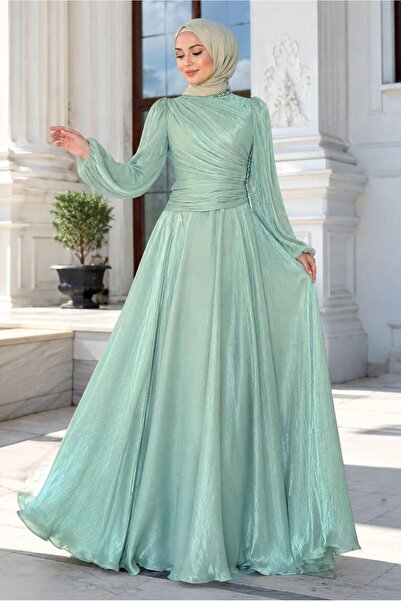 TRENDTESETTÜR KADIN YEŞİL (MİNT) DRAPELİ ABİYE ELBİSE T 5365