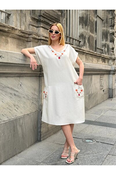 hazelin Women's Cream Plus Size Floral Embroidered Linen Dress Hzl26S-Vl15001