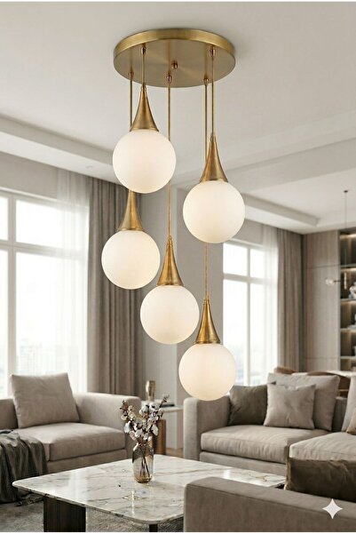 VENON Elora 5.li Sarkıt Yuvarlak ✨ESKİTME ✨ BEYAZ GLOP CAMLI ✨ Salon Avizesi ...