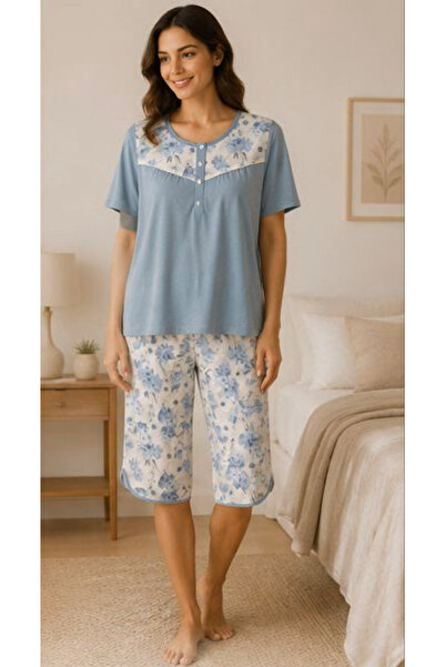 Nena 26555-Nena Short Sleeve Round Neck Placketed Robe 100% Cotton Holly Capr...