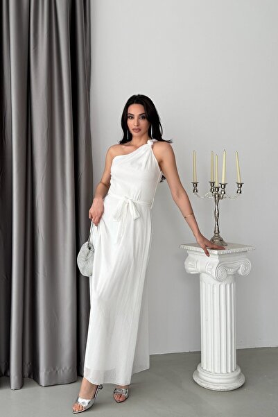 Serica Moda Ecru Shoulder Tie Stoned Chiffon Dress