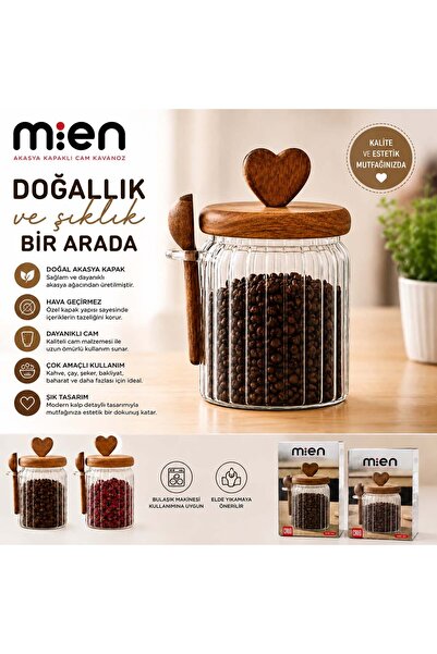 MİEN 570-460 ml İkili Akasya Kapaklı Kaşıklı Cam Kavanoz Seti Akasya Standlı