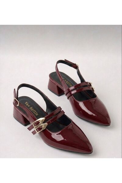 van heflin Arven Women's Burgundy Patent Leather Double Buckle Medium Thick H...