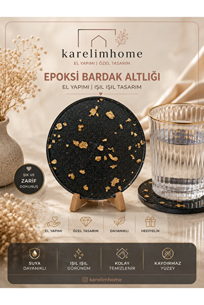 karelim home Set of 4 Black Coasters with Epoxy Gold Foil Details, Special Sp...