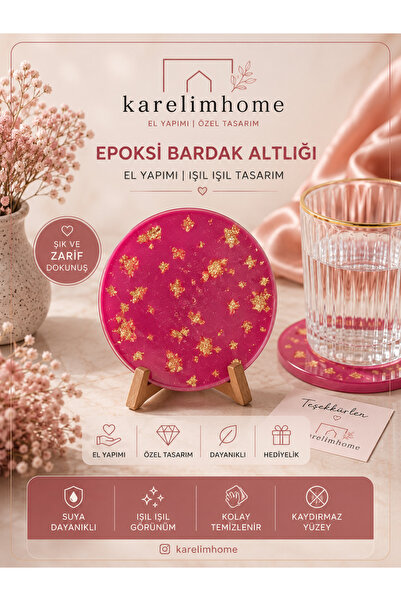 karelim home Set of 4 Pink Coasters with Epoxy Gold Foil Details, Special Spa...