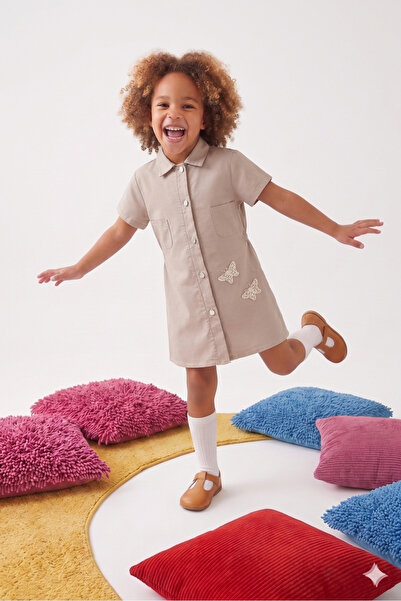Momivi Kids Κοριτσίστικο πουκάμισο με γιακά, με κορδόνι στη μέση, κέντημα πετ...
