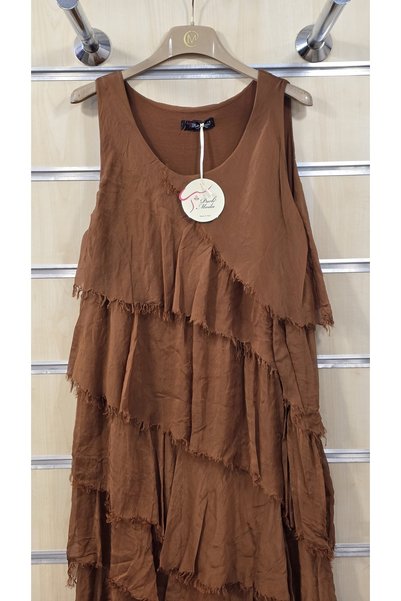 Park Moda Rochie italiană din mătase, fără mâneci, cu franjuri și croială asimetrică