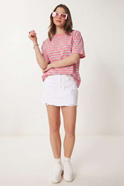 Lovelyİstanbul Tricou tricotat supradimensionat cu dungi LCR0124 ROZ