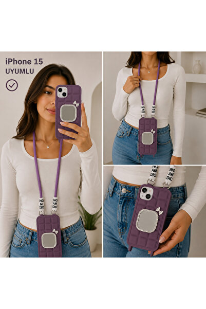 Nettech iPhone 15 Uyumlu Aynalı Taşlı Boyun Askılı Silikon Kılıf