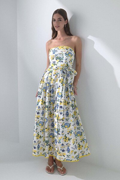 Lencie Patterned Strapless Dress with Waist Belt in White