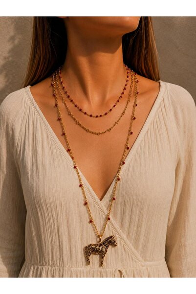 LUNAR by Duygu Zra Model Long Zebra Tip Three Row Necklace