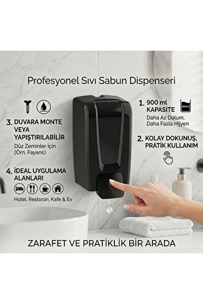 DORA Duvara Monte Gagalı Sıvı Sabun Dispenseri – 900 ml (Siyah / Beyaz Seçene...