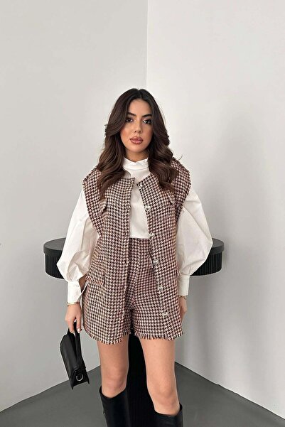 ozelia Brown Houndstooth Vest and Shorts Set