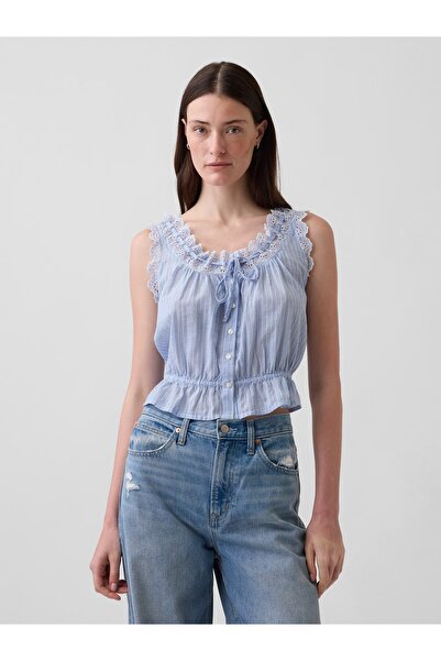 GAP Kadın Mavi Eyelet Tie-Front Crop Peplum Bluz