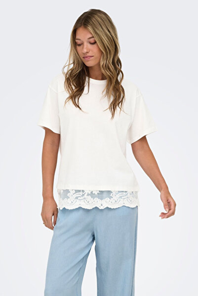 ONLY Onlvivvi Pamuklu Bisiklet Yaka Dantel Detaylı T Shirt T SHİRT 15385031