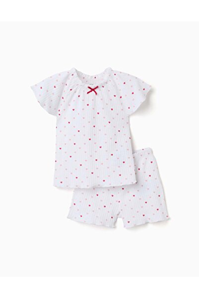 Ziddy Ribbed Cotton Pyjamas With Heart Motif For Baby Girls White Pink
