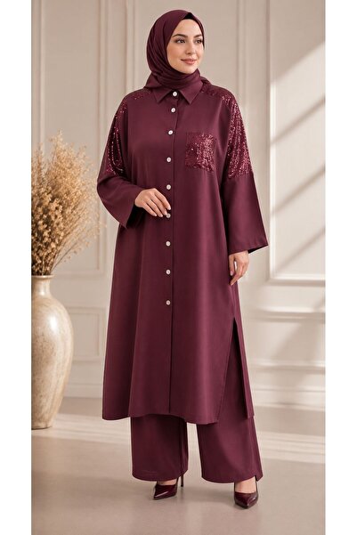 nurvina modest wear Modal Cupra Sequin Detailed Premium Trousers Tunic Set