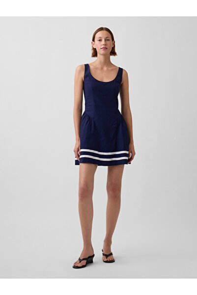 GAP Kadın Lacivert Keten Karışımlı Drop-Waist Mini Elbise