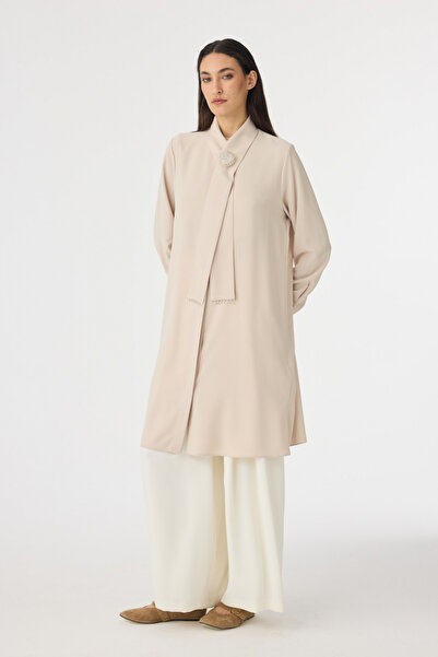 Zühre Pearl Detailed Shawl Collar Ecru Tunic Beige Tunic 1672
