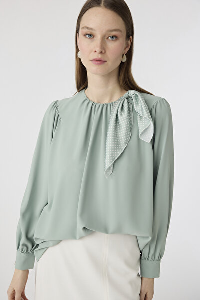 Zühre Polka Dot Scarf Pleated Detailed Mint Blouse 0142