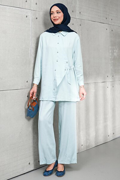 İmajButik Ice Blue Buttoned Tunic Trouser Suit