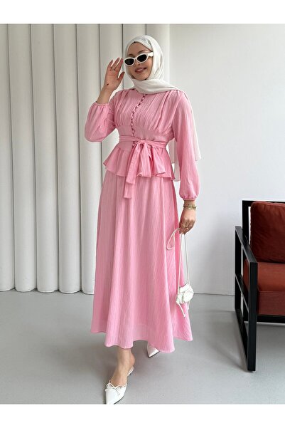 Modaensarbutik Önü Düğmeli Beli Pensli Etekli Tesettür İkili Takım-PEMBE