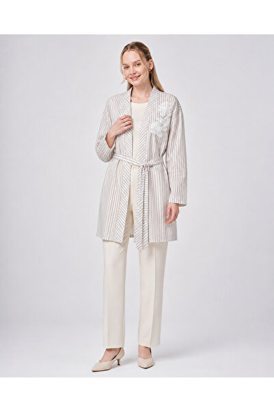 Kayra Women's Striped Patterned Belted Embroidery Detailed Kimono Collar Long...