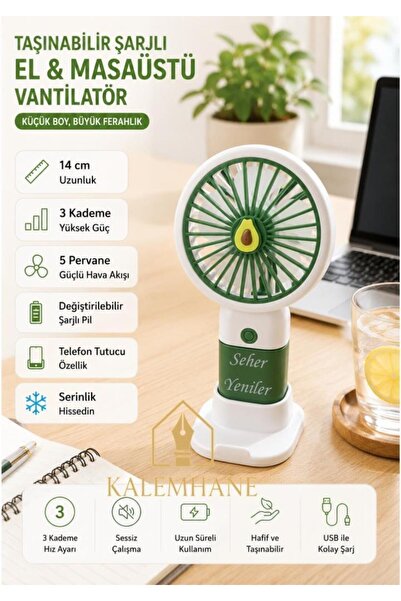 kalemhane Kişiye Özel Mini El Fanı- 3 Kademeli 5 pervaneli Turbo Güç Yeşil Av...