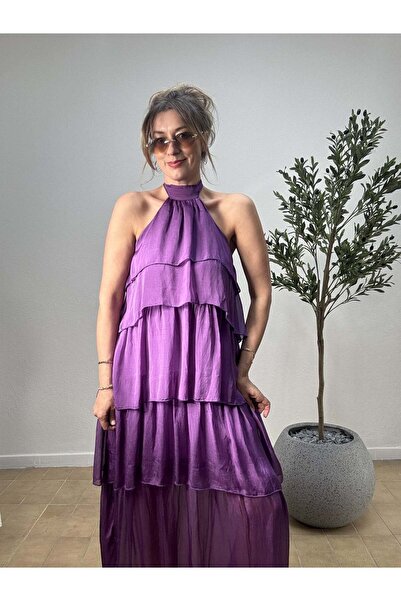 Düşes Butik İTHAL BOYUNDAN BAĞLAMALI KAT KAT İPEK ABİYE ELBİSE 6153-Mor - STD