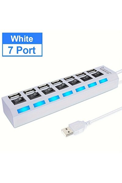 Choice1 white 7 Ports USB 2.0 Hub LED 5Gbps High Speed Multiports USB Power A...