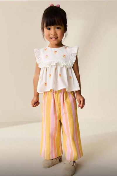 Unique Boutique Floral Embroidery and Ruffle Detailed Top and Bottom Set