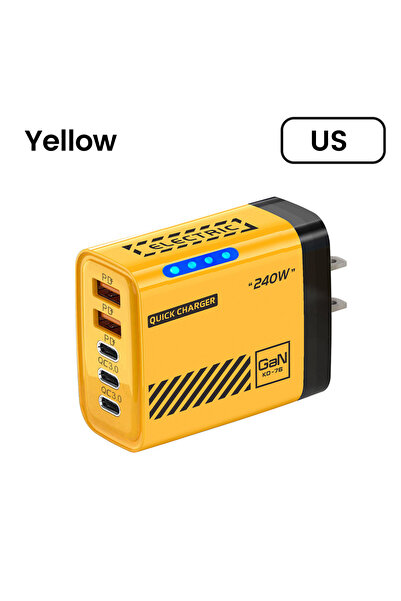 Choice شاحن هاتف محمول أمريكي أصفر بقوة 240 واط مع 5 منافذ (2 USB و3 منافذ Ty...