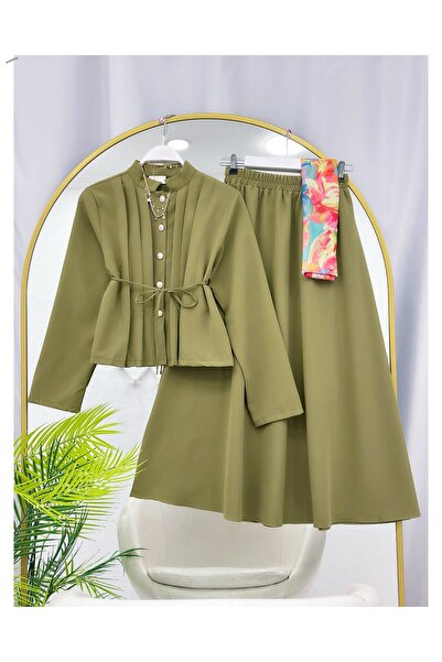 YEDİLALE Gold Buttoned Pleated Blouse and Flared Skirt Two-Piece Set [Excludi...