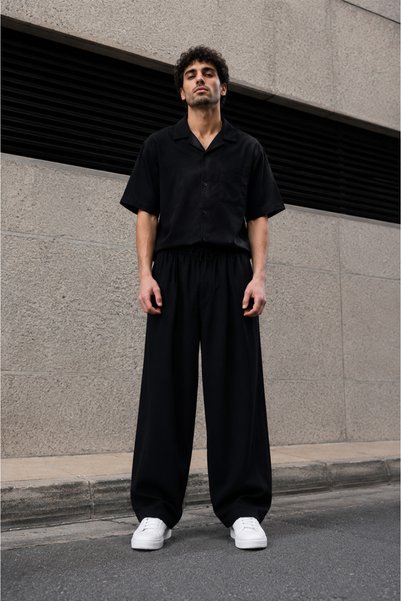WE&ME Oversize Men's Trousers Black Wide Leg Elastic Waist Lace-Up Comfortable Fit Loose Street Style