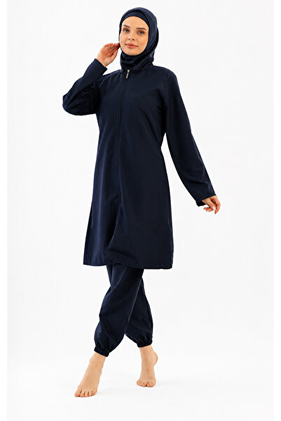 Tusebu Navy Blue Full Covered Hijab Swimsuit Set, Set of 3 with Zipper and St...