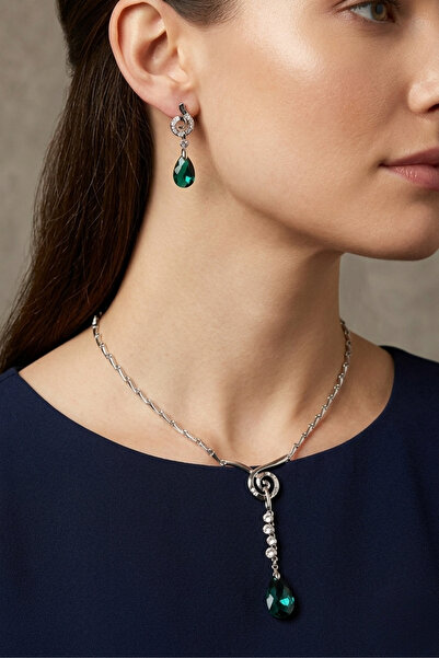 PETEK AKSESUAR Silver Metal Crystal Drop Stone Necklace Earring Set