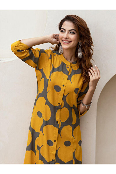 Ishin By Styli Yellow 100% Cotton Printed Straight Fit Kurta Set