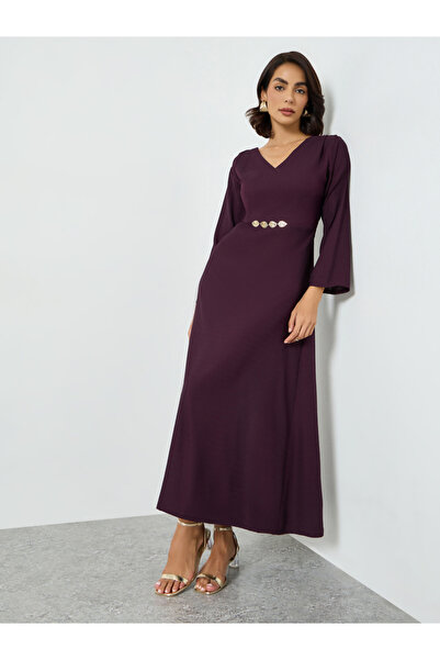Maxim Creation By Styli Burgundy Maxi Dress with Metallic Leaf Detail
