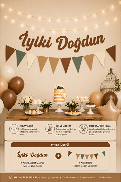 BG koyu kahve rengi iyiki doğdun kaligrafi banner ve flama set