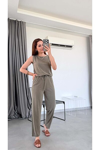 pelin yıldız butik Haki Miya Sıfır Kol Bluz Pantolon Takım