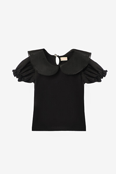 Le Mabelle Black Short Sleeve Organza Collared Girl's T-Shirt